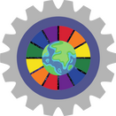 Uma engrenagem cinza que no centro tem um círculo de cores nas cores: vermelho, laranja, amarelo, verde, azul e roxo. No centro das cores há um planeta azul e verde parecido com a Terra.